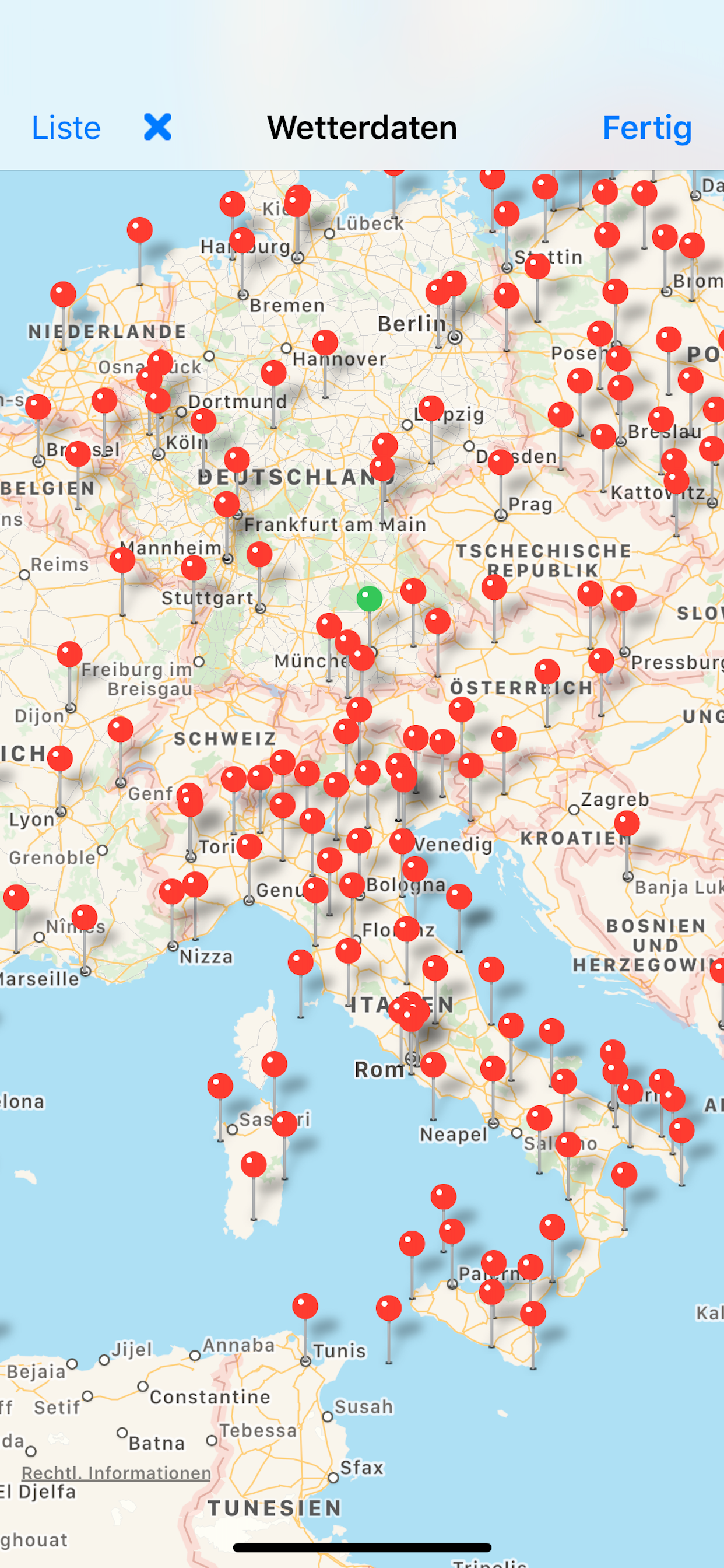 Wetterdaten als Kartenansicht mit Pins